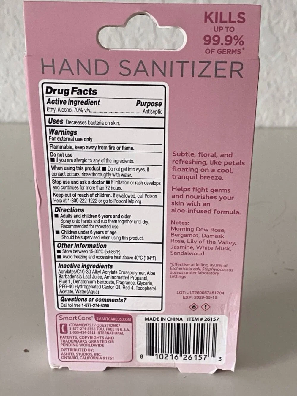 Smart Care Scented Hand Sanitizer Spray 1.35 Oz Rose Water W/ Beaded Wristlet